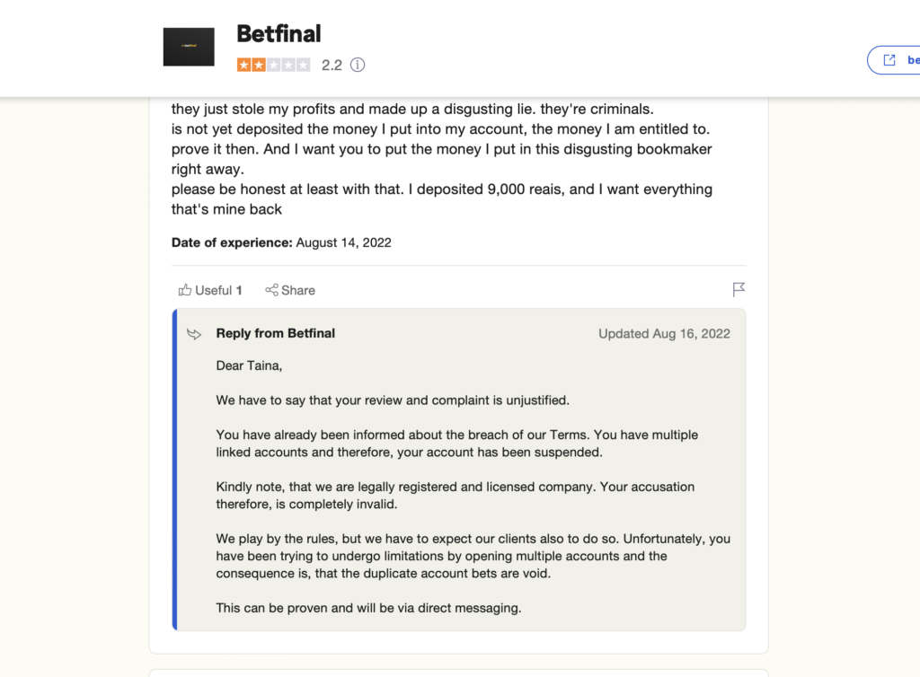 BetFinal's trustpilot Reviews